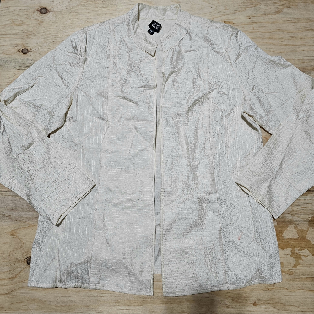 Eileen Fisher 100% Tussah Silk Light Tunic Jacket Quilted Crinkle White Sz Large